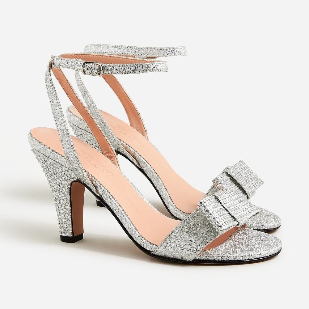 [J. Crew] Silver Metallic Lame Crystal Bow Rhinestone Heels Made in Italy Size 9